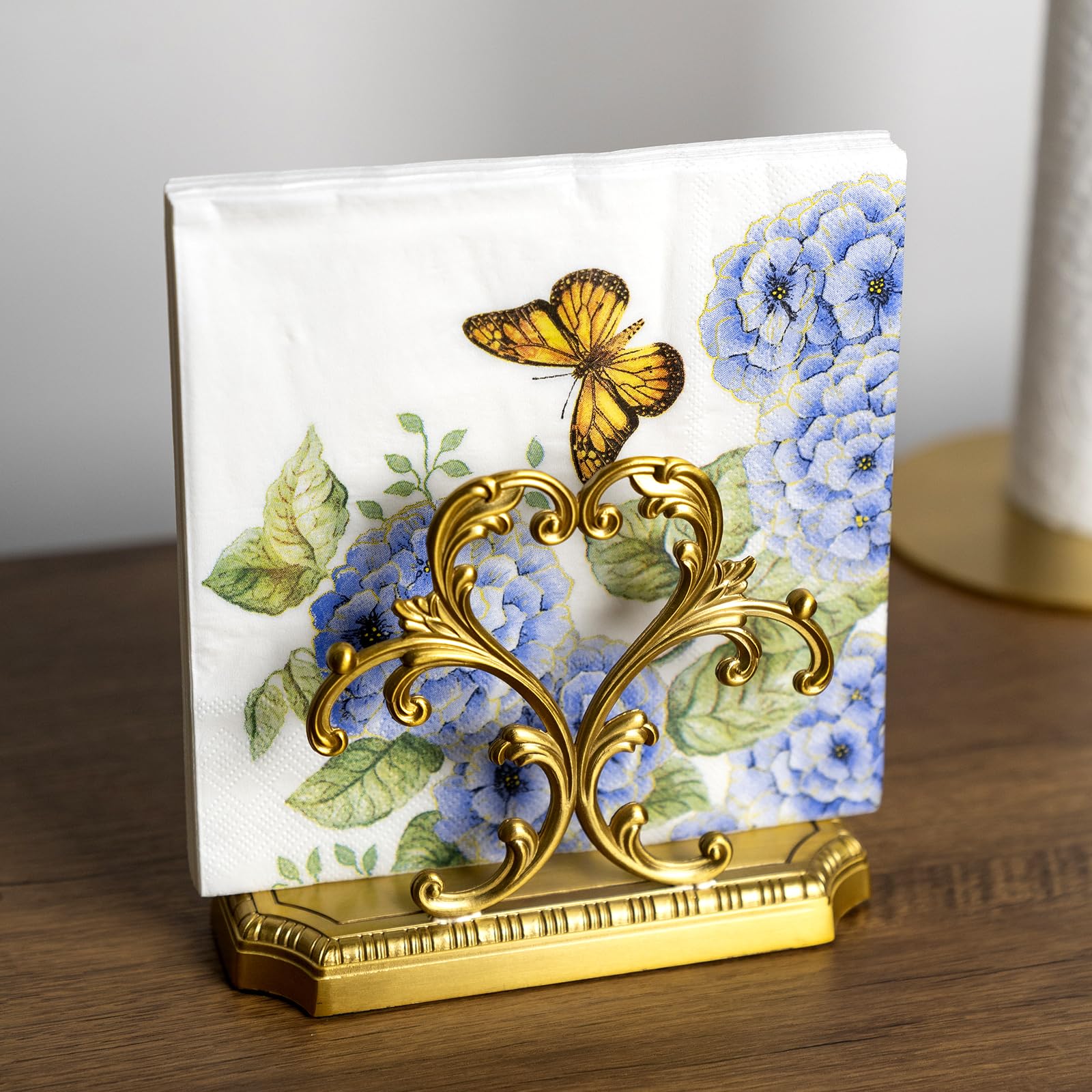 1 Gold Napkin Holder and 50 PCS Hydrangea Paper Napkins,Brass Napkin Holder,Classic combination and matching,Modern Dining Table Decor, Home Decor