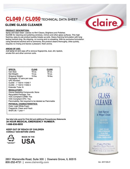 Claire CL050-12pk Gleme Glass Cleaner; 19 Oz. Net Wt,12 Count