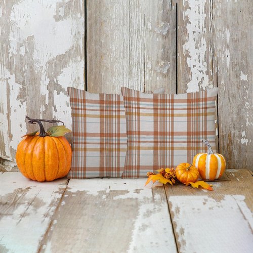 AOFANGGO Fall Pillow Covers 20x20 Set of 2 Autumn Decorative Throw Pillow Cases Orange Blue Plaids Cushion Covers Faux Linen,Farmhouse,Thanksgiving,Home Décor,Outdoor,Patio,Patch