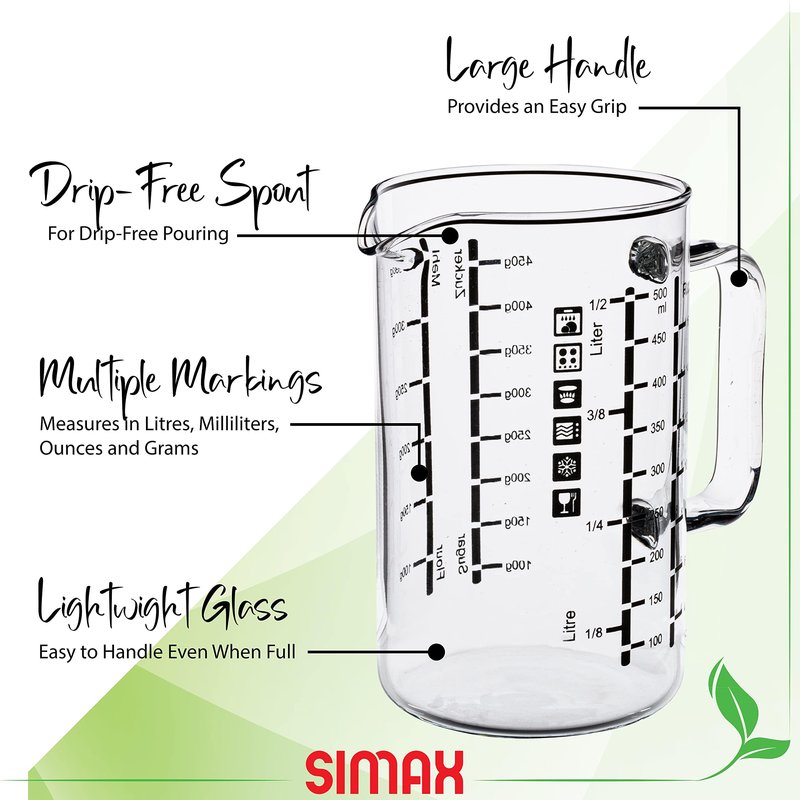 Simax Glass Measuring Cup: 16 Oz Measuring Cups Glass - Liter, Oz and Ml Measuring Cup for Liquid - Borosilicate Glass Metric Measuring Cups in Gram - Measure Flour and Sugar Grams - Easy Pour Spout