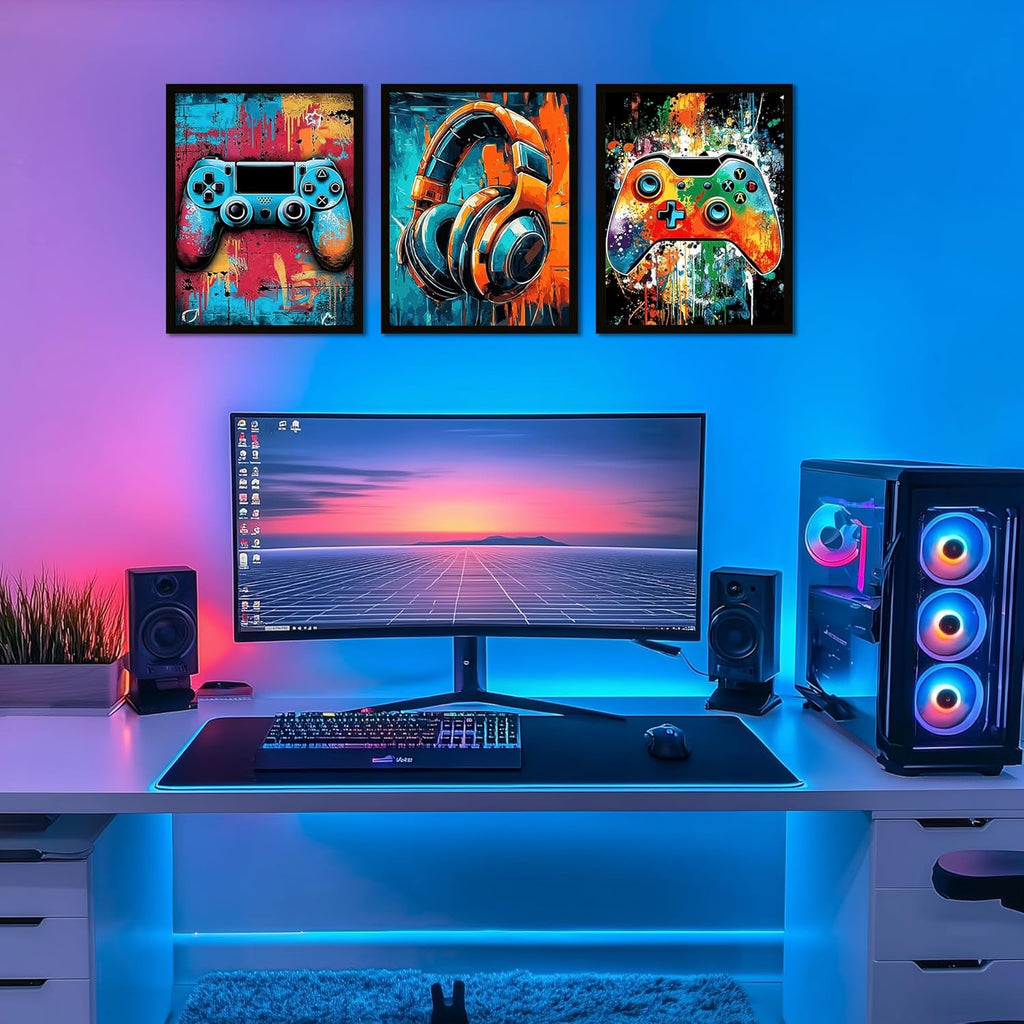 Skiennix Framed Gaming Wall Art - Neon Watercolor Graffiti Gamepad Decor | 8x10in, Set of 3