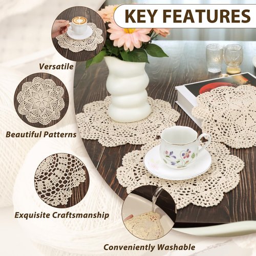 kilofly Crochet Cotton Lace Table Placemats Doilies Value Pack, 4pc, Roma, Beige, 10 inch