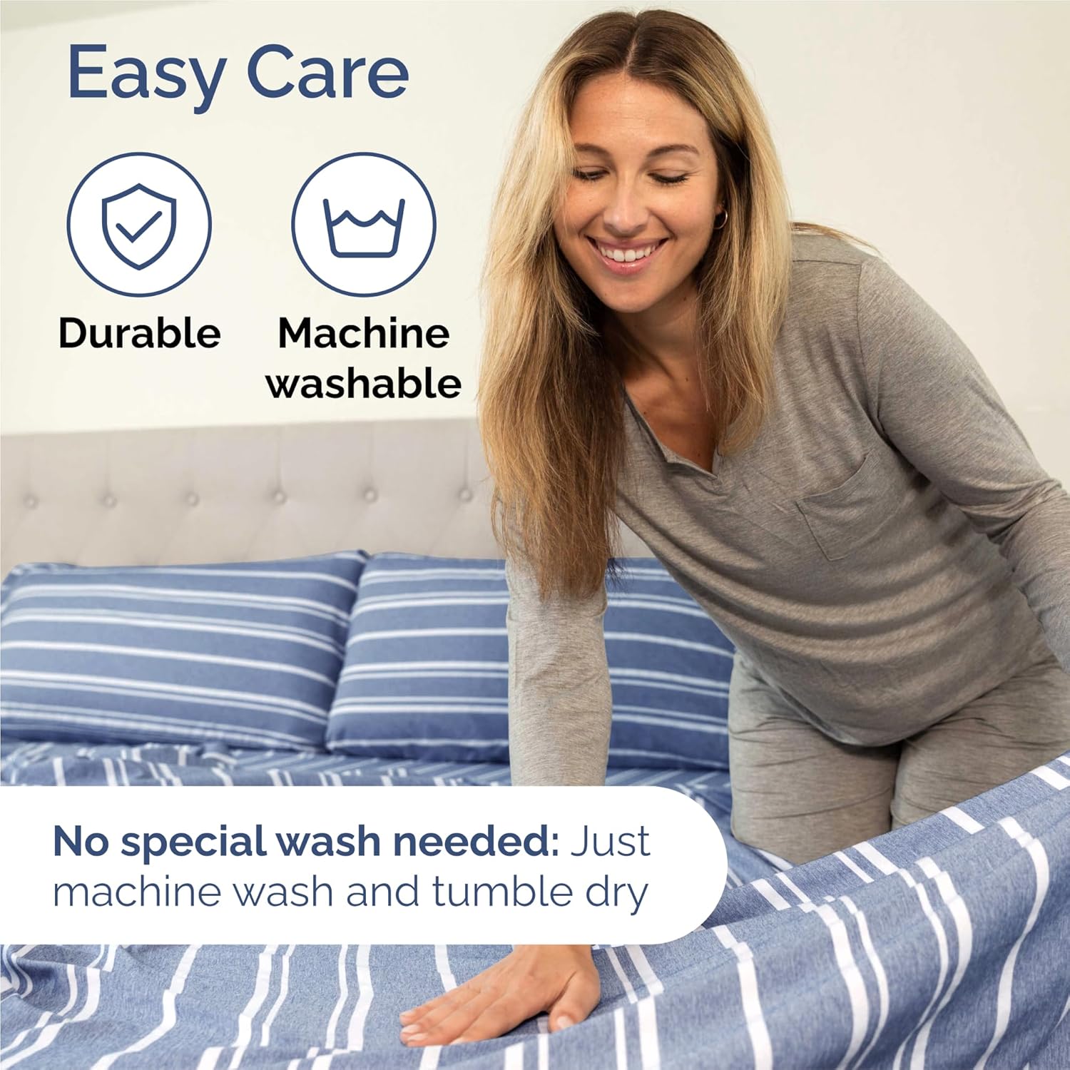 Split King Size 5-Piece Sheet Set - Comfy Cooling Bed Sheets - Luxury Hotel Quality - Deep Pockets - Blue Stripes