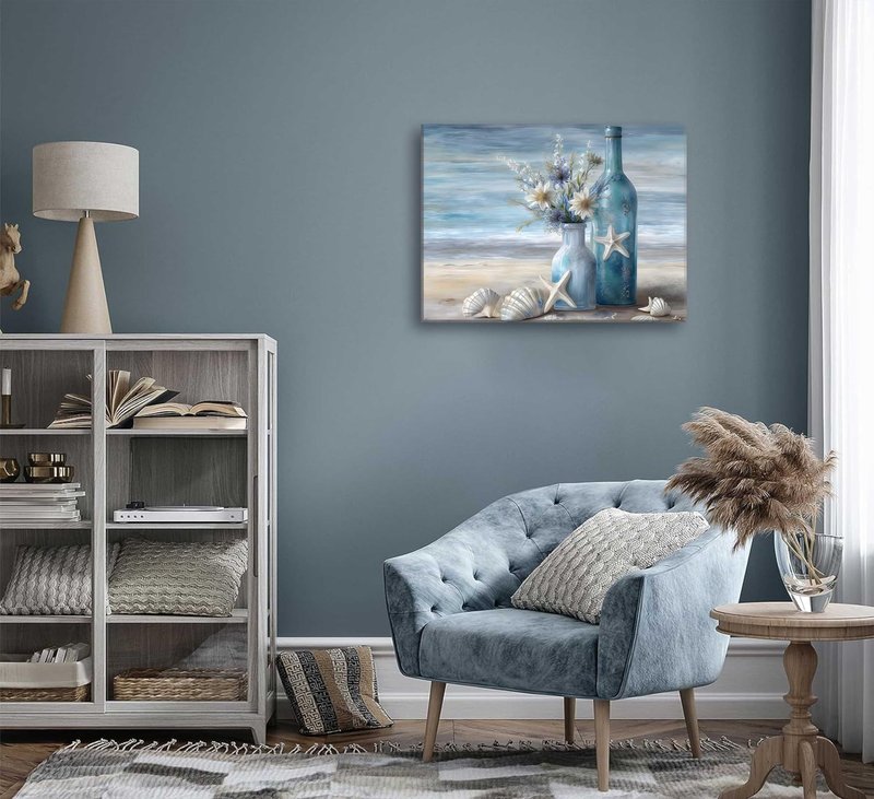 Blue Beach Ocean Flower Canva Wall Art Coastal Seascape Floral Vase Poster Picture Starfish Conch Theme Painting Rustic Shell Print for Bedroom Living Room Office Wall Decor Framed