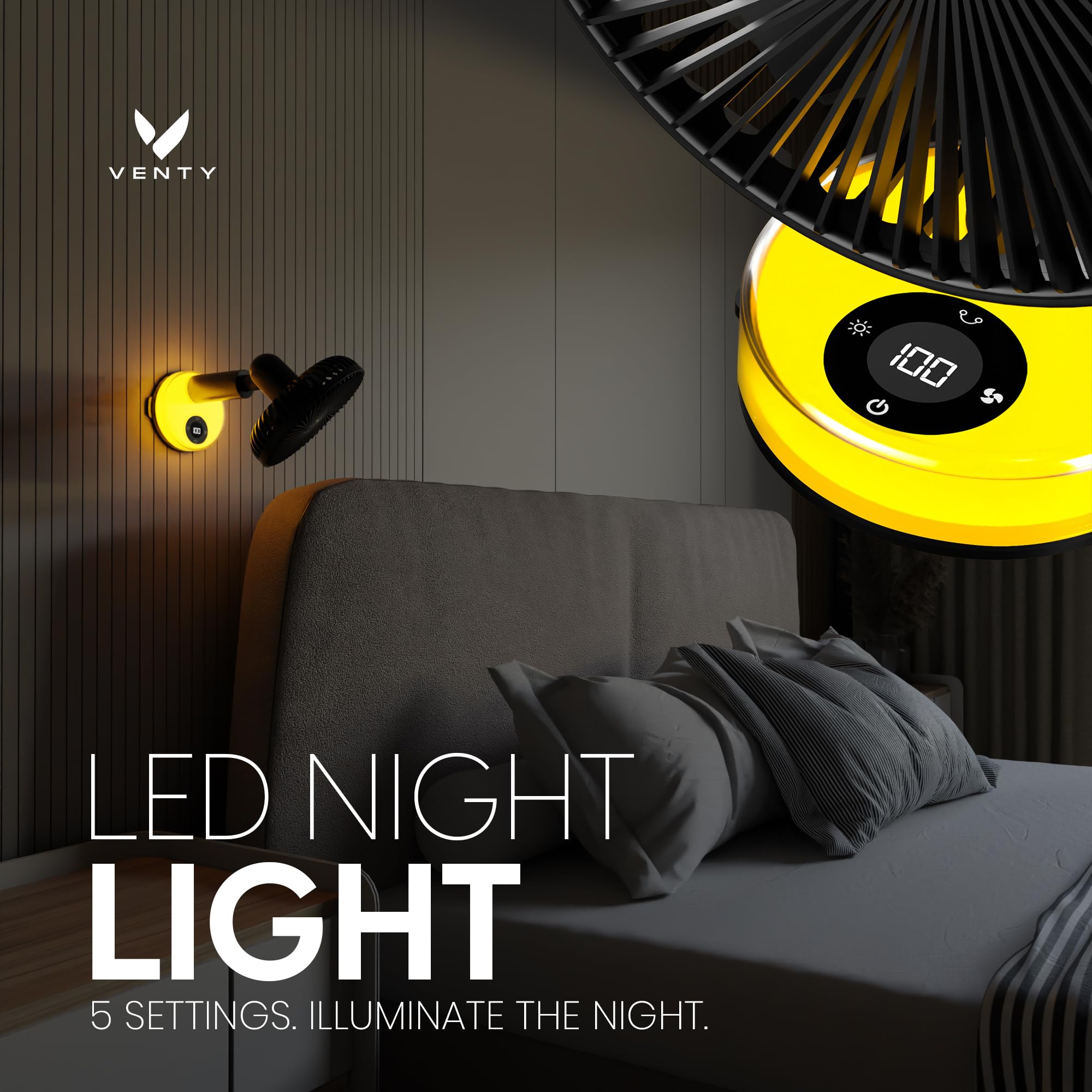 VENTY Portable Clip Fan - Rechargeable 10-Hour Battery Portable Fan - 360° Rotation & 90° Tilt - Stroller, Desk or Bedside - Aromatherapy & LED Light - USB-C Rechargeable Clip On