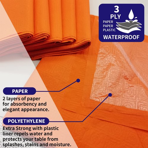 [6 Pack] Orange Paper Tablecloth Disposable for Rectangle Tables, 54 X 108 Inch Party Table Cover with Plastic Backing, Waterproof 3 Ply Table Cloth for Thanksgiving Halloween Fall Harvest Day