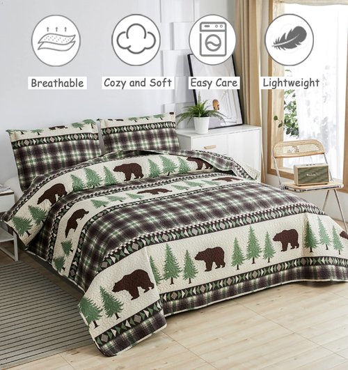 Lodge Quilts Set King Size, 3Pcs Rustic Cabin Brown Bear Bedding Green Pine Tree Bedspread Coverlet Lightweight Soft Reversible Plaid Stripe Bed Cover Set Country Decor for All Season(96"x 108")
