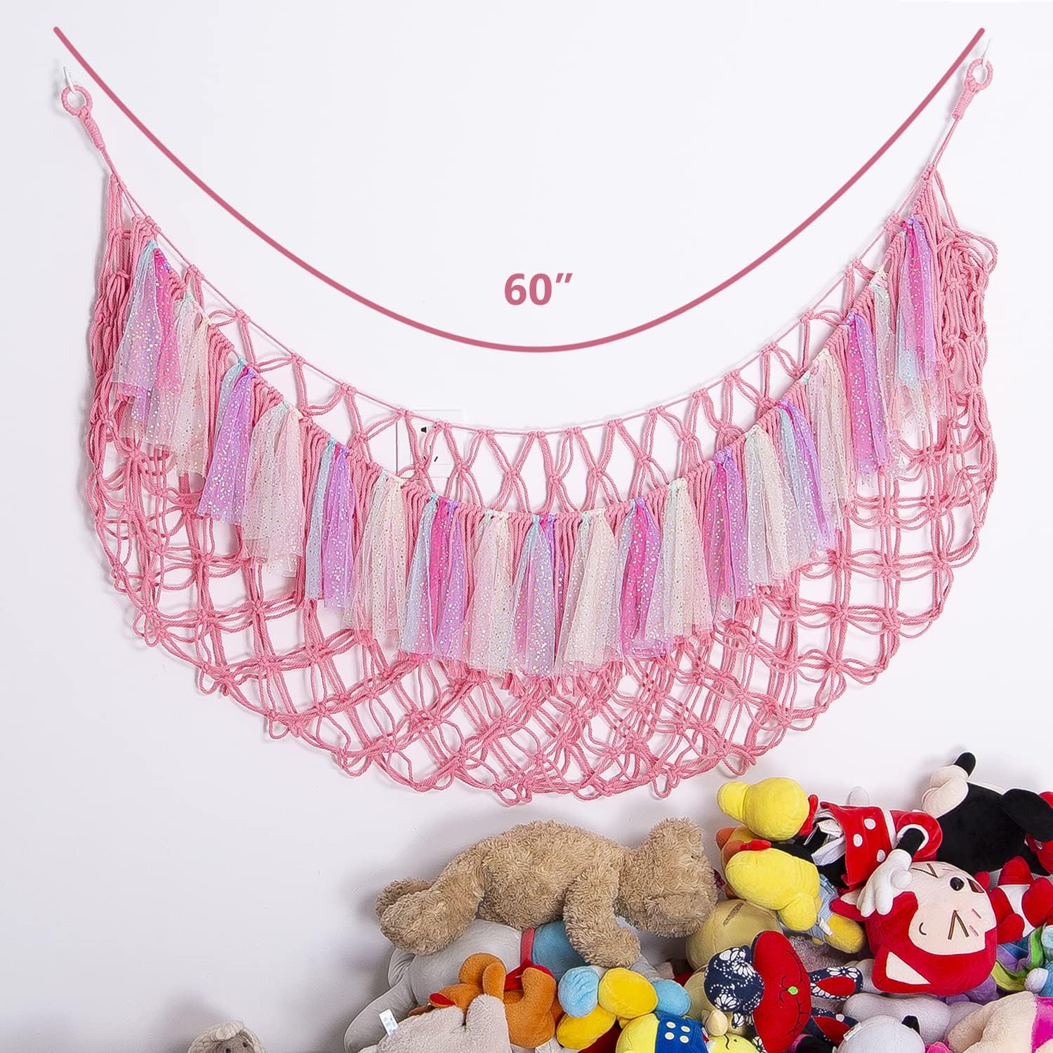 Jumbo Toy Hammock for Stuffed Animal Net Boho Macrame Toy Hammock with Led Light Stuffed Animal Storage Ideas Plush Toy Display Squishmallow Holder Net-Pink