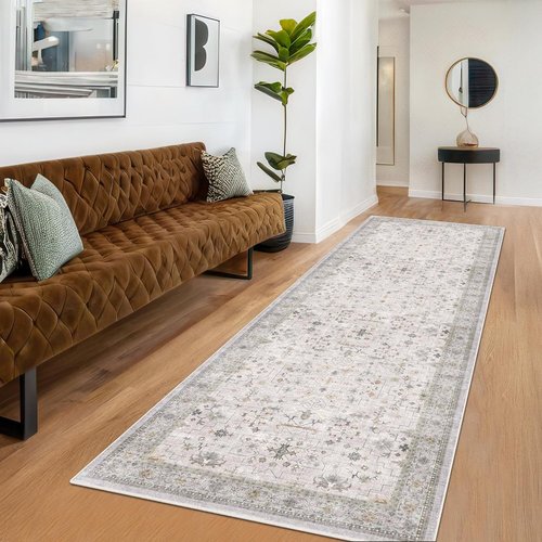 Hazo Haus Boho Hallway Runner - Light Gray & Taupe, Washable Non-Slip 16ft Floral Rug