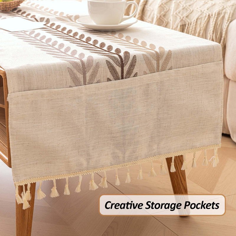 SIELUNO Waterproof Coffee Table Cloth, Coffee Table Covers for Living Room Rectangle Cotton Linen Tablecloth with Tassel Decoration-Beige Leaf- 20" x 60"