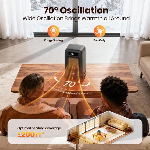 FLANUR 1500W Space Heater - Compact Indoor Desk Heater with Remote, Thermostat & 12H Timer | Oscillating Black Design