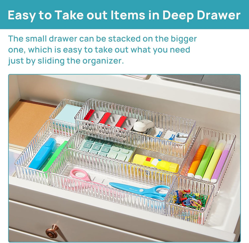 Vtopmart 7-Piece Clear Drawer Organizers - Stackable Acrylic Makeup & Vanity Storage Bins | Versatile for Bathroom, Office, Kitchen