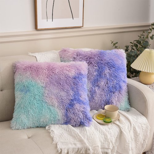 Aimuan Home Decor Luxury Series Plush Shaggy Pillow Shams Super Soft Velvet Style Tie Dye Artificial Fur Throw Pillow Case Cushion Cover for Sofa/Bed/Living Room Ombre Set of 2Pcs Purple, 17.7"x17.7"