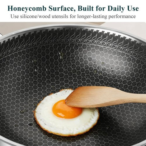 Boryenty 12 Inch Stainless Steel Honeycomb Wok with Standing Lid, Flat Bottom Stir Fry Pan, PFOA-Free Physical Nonstick, Induction Compatible & Dishwasher Safe Wok
