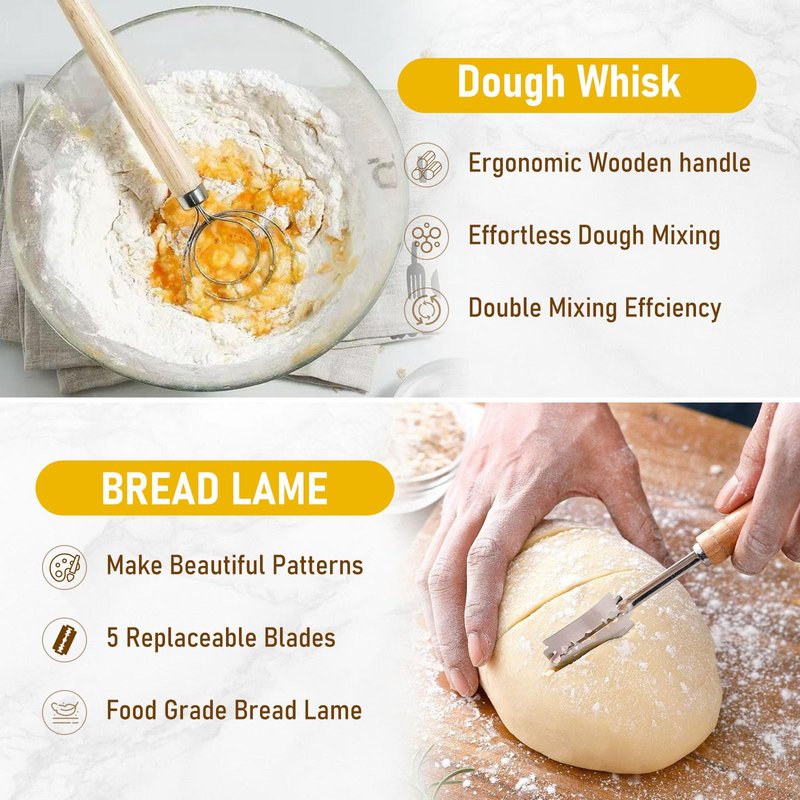 Banneton Proofing Basket Set, 9" Round and 10" Oval Sourdough Bread Baking Supplies, Sourdough Baskets with Bread Lame, Danish Whish, Bowl Scraper, Sourdough Scraper, Complete Sourdough Starter Kit