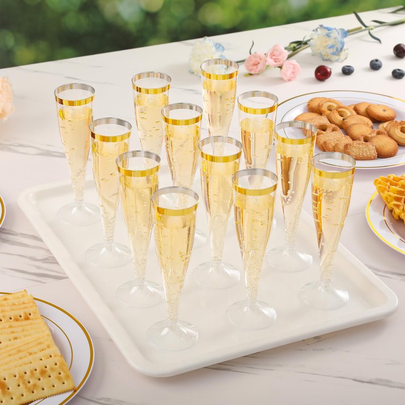 YOUTHSHIP 50 Pack Plastic Champagne Flutes 4.5 Oz Disposable Plastic Champagne Cups Gold Rimmed Cocktail Glasses For Weddings Birthdays Christmas Party Mimosa Glasses Acrylic Wine Cups Shatterproof