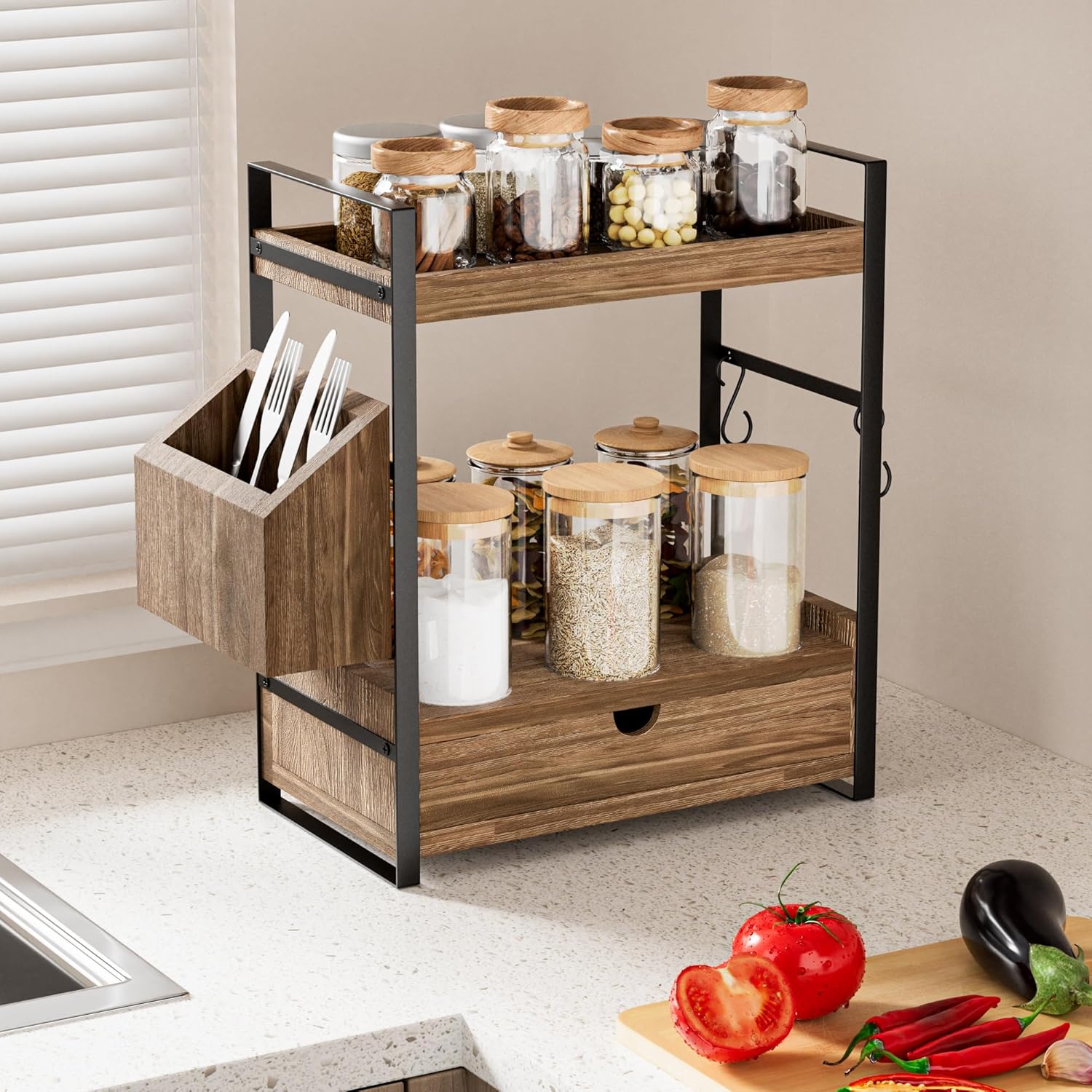 Skiennix 2-Tier Bathroom Counter Organizer - Wood Vanity Storage with Drawer & Basket | Dark Brown