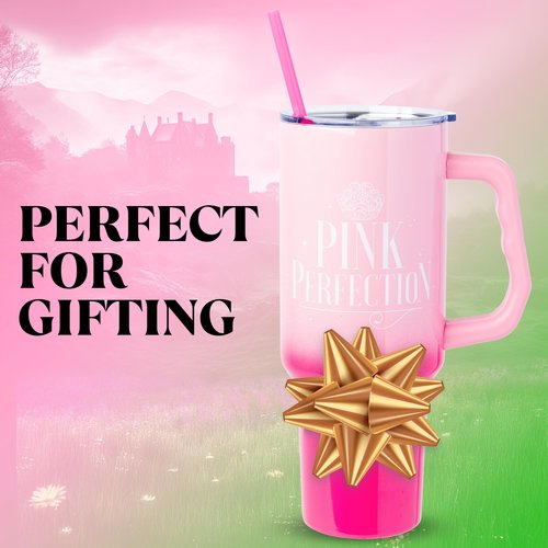 Silver Buffalo Wicked Glinda Pink Perfection Ombre Double Walled Stainless Steel Tumbler with Handle and Straw, Fits in Standard Cup Holder, 40 Ounces