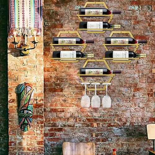 YALINKA 2Pcs Wall Mounted Wine Bottle Rack, Metal Hanging Wine Display Holder Organizer, Red Wine Racks for Home Kitchen Bar Decor Storage(Gold)
