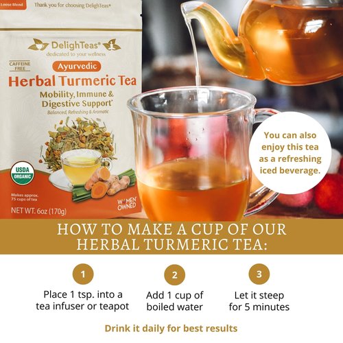 DelighTeas Organic Turmeric Ginger Tea | Ayurvedic Loose Leaf Herbal Turmeric Tea for Mobility, Immune & Digestive Support | Non-GMO, Caffeine Free, Unsweetened | 75 Servings, 6oz.