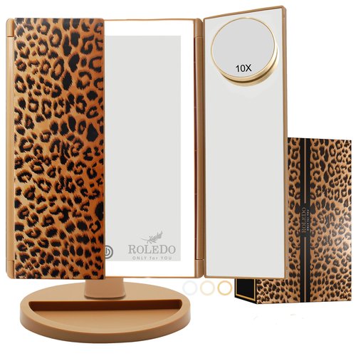 RoLeDo Lighted Makeup Mirror with Magnification 2X 3X 10X, Trifold Vanity Mirror with Lights, Touch Screen, 72 LED 3 Color Lighting, Dual Power, Leopard Print – Stylish Gift for Women & Teen Girls
