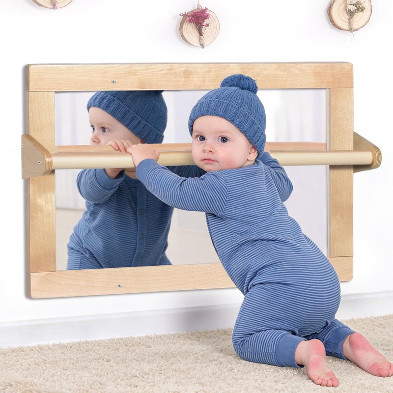 KRAND Baby Montessori Wooden Frame Non-Shatter Safety Mirror w/ 2 Pull Up Bars, Infant Coordination Small Mirror for 6-18 Months (Natural)
