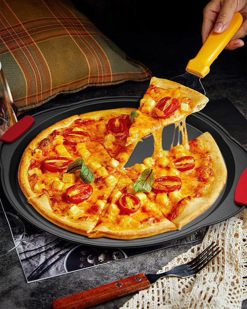 NBFTLTOP Pizza Pan 12 Inch for Oven, Pizza Steel Pan with Heat-insulating Silicone Handle, Nonstick Pizza Tray with Holes and No Holes Set, Round Pizza Baking Pan 2pcs, Gray