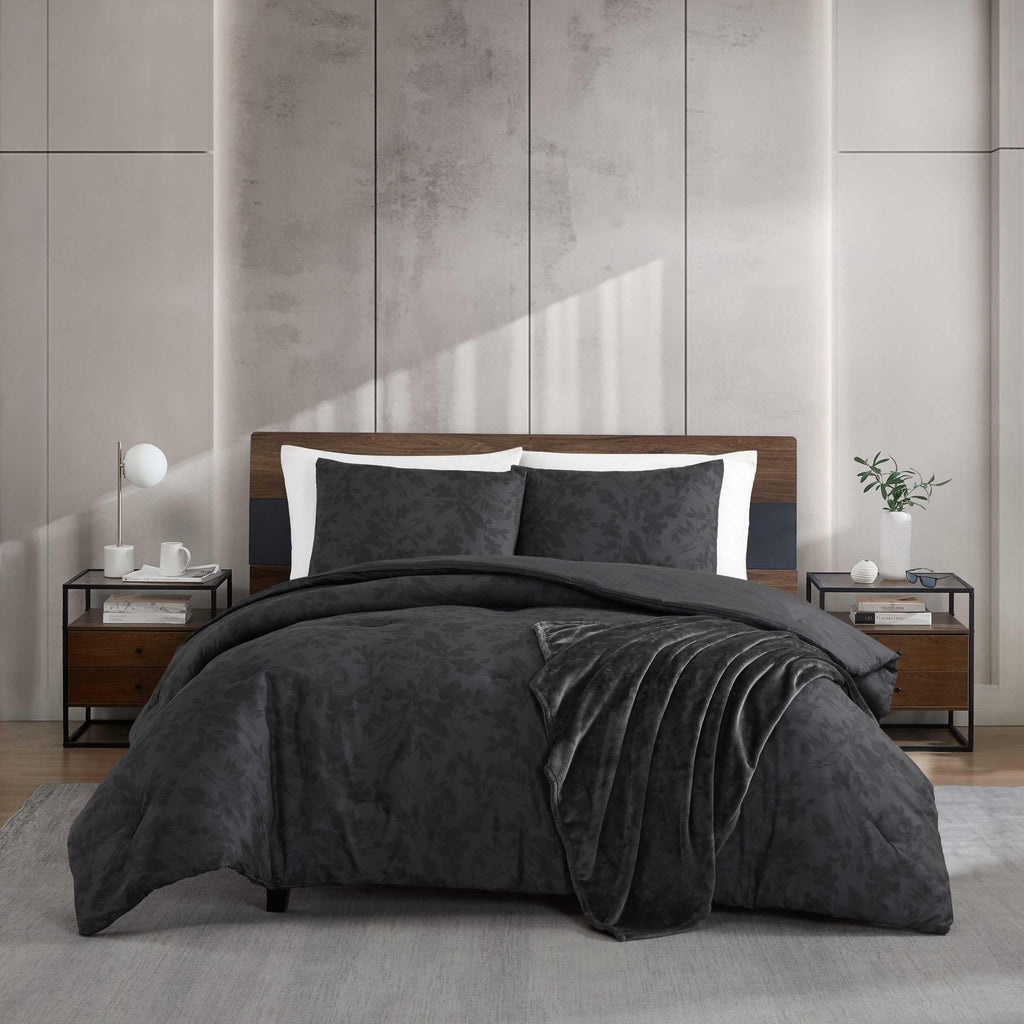 Kenneth Cole - King Comforter Set, Super Soft Bedding with Matching Shams & Bonus Throw, Floral Home Decor, Oeko-Tex Certified (Silhouette Floral Black, King)