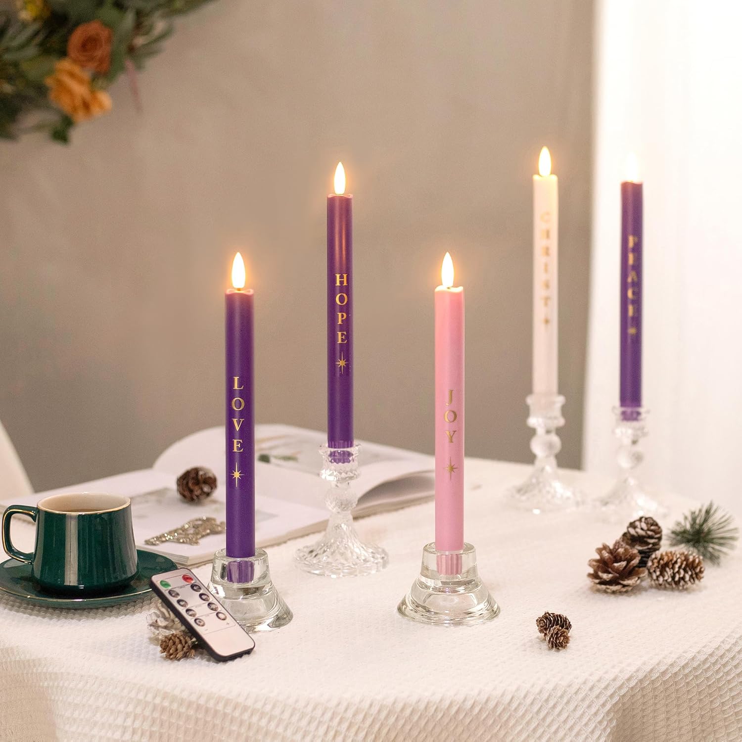 Stmarry Flameless Advent Candles - Realistic 3D Flames with Remote Control | Set of 5, 10 Inch Tall