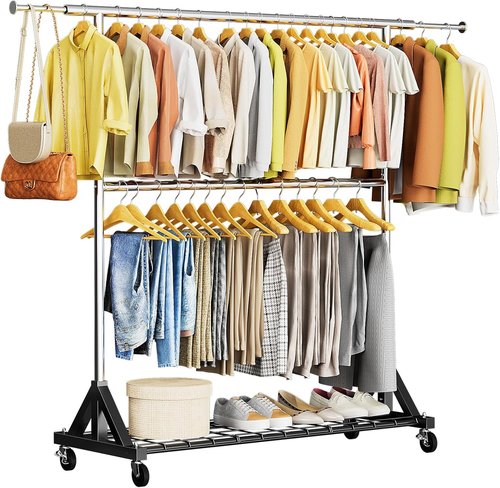 Luxspire Heavy Duty Clothes Rack - 600 LBS Capacity, Double Rod Design, Adjustable Shelves & Lockable Wheels