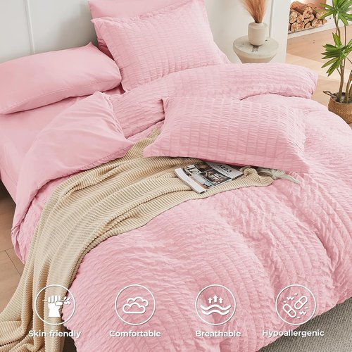HYMOKEGE Comforter Set - Luxury 7-Piece All-Season Bedding in Pink Seersucker | Full Size
