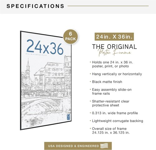 MCS Original Poster Frame - 24x36 Black Lightweight Vertical & Horizontal Picture Frame | 6-Pack for Art Prints