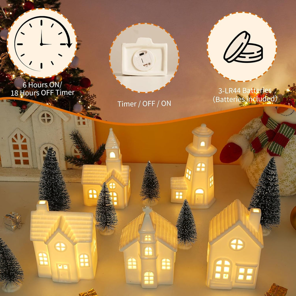 Skiennix 11-Piece White Ceramic Christmas Village Set - Light-Up Porcelain Houses with Timer for Festive Home Decor