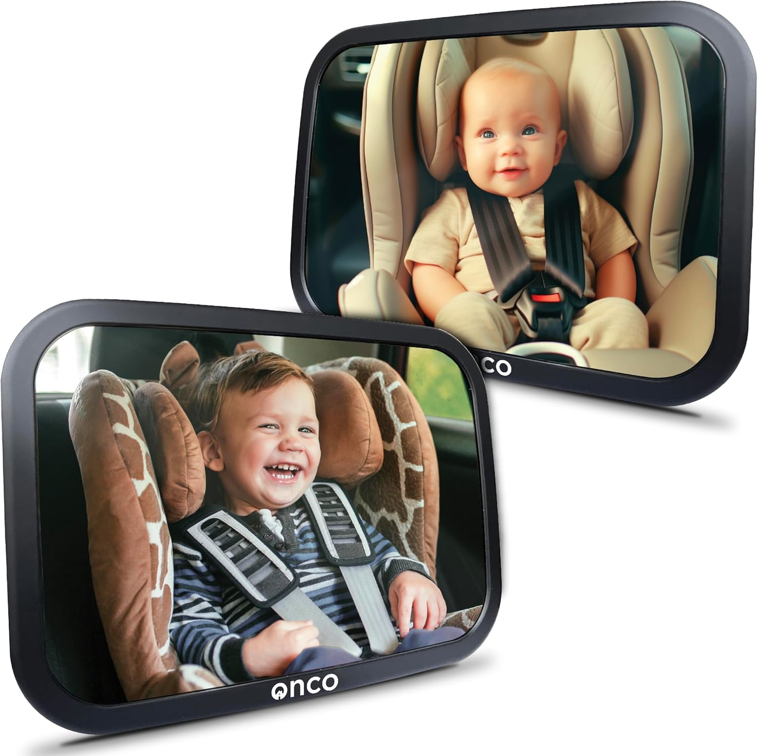 Onco Baby Car Mirror - 100% Shatterproof & Shakeproof Rear Facing 360° Rotating Convex Mirror (2 Pack)