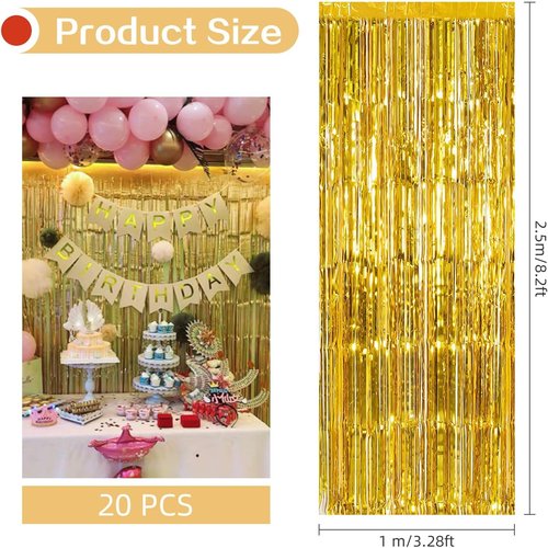 Gold Foil Curtain Backdrop by [Brand Name] - 20 Pack Metallic Tinsel Fringe Curtains | 3.2ft x 8.2ft for Birthday Party Decor