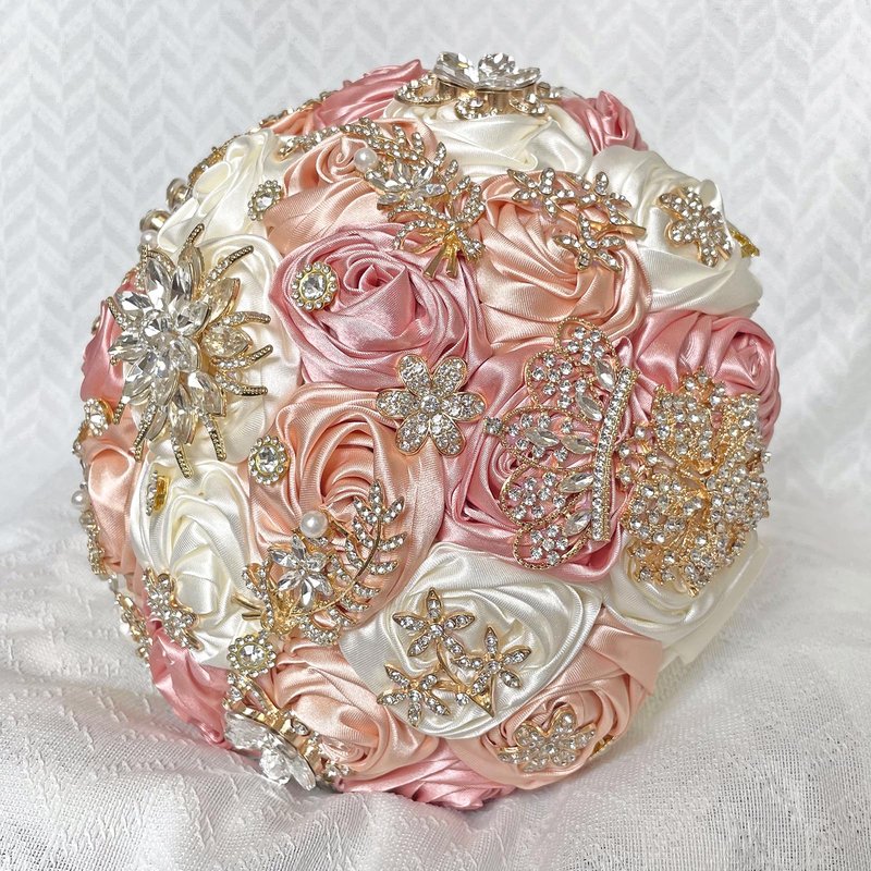 QingForBesty Handmade Satin Rose Floral Bling Pearl Decor Bridal Wedding Bouquet Rhinestone Pendant Artificial Brooch Flowers for Bride Bridesmaid Quinceanera