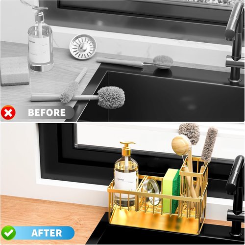 Cisily Gold Kitchen Sink Caddy Organizer - Rustproof Stainless Steel with Brush & Sponge Holder | Home Decor