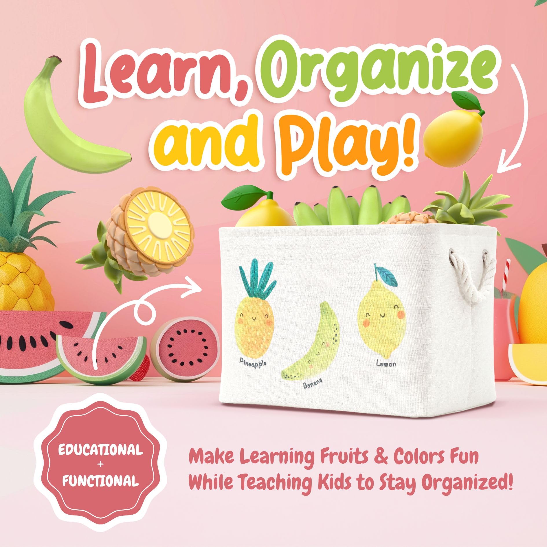 DECOMOMO Toy Storage Baskets for Shelves - 40L Kids Storage Bin for Nursery Décor, Baby, Laundry, Toys (Fruit Print, XXL - 3 Pack)