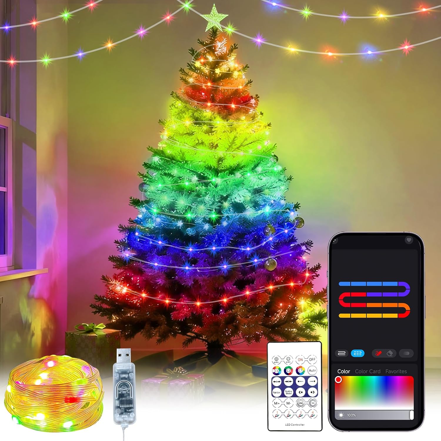 Skiennix USB Christmas Fairy String Lights - 16ft 50 LED Color Changing | APP Controlled & Remote Timer, Waterproof RGB Twinkle Lights for Indoor Parties & Weddings