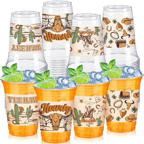 SiliFine 48 Pcs Western Cowboy Plastic Cups 12 oz Disposable Wild West Rodeo Clear Plastic Drinking Cups for Rodeo Wild West Theme Baby Shower Birthday Party Favors Decorations Supplies
