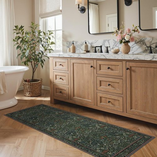 GENIMO 2x6 Runner Rug - Non-Slip Washable Vintage Boho Floral Carpet | Soft Low Pile for Hallway & Entryway, Dark Green