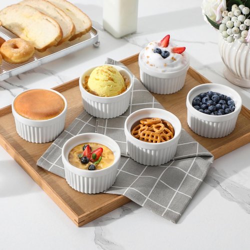 MALACASA Ramekins - 6 Oz Oven Safe Porcelain Baking Cups | Set of 6 White Creme Brulee Dishes