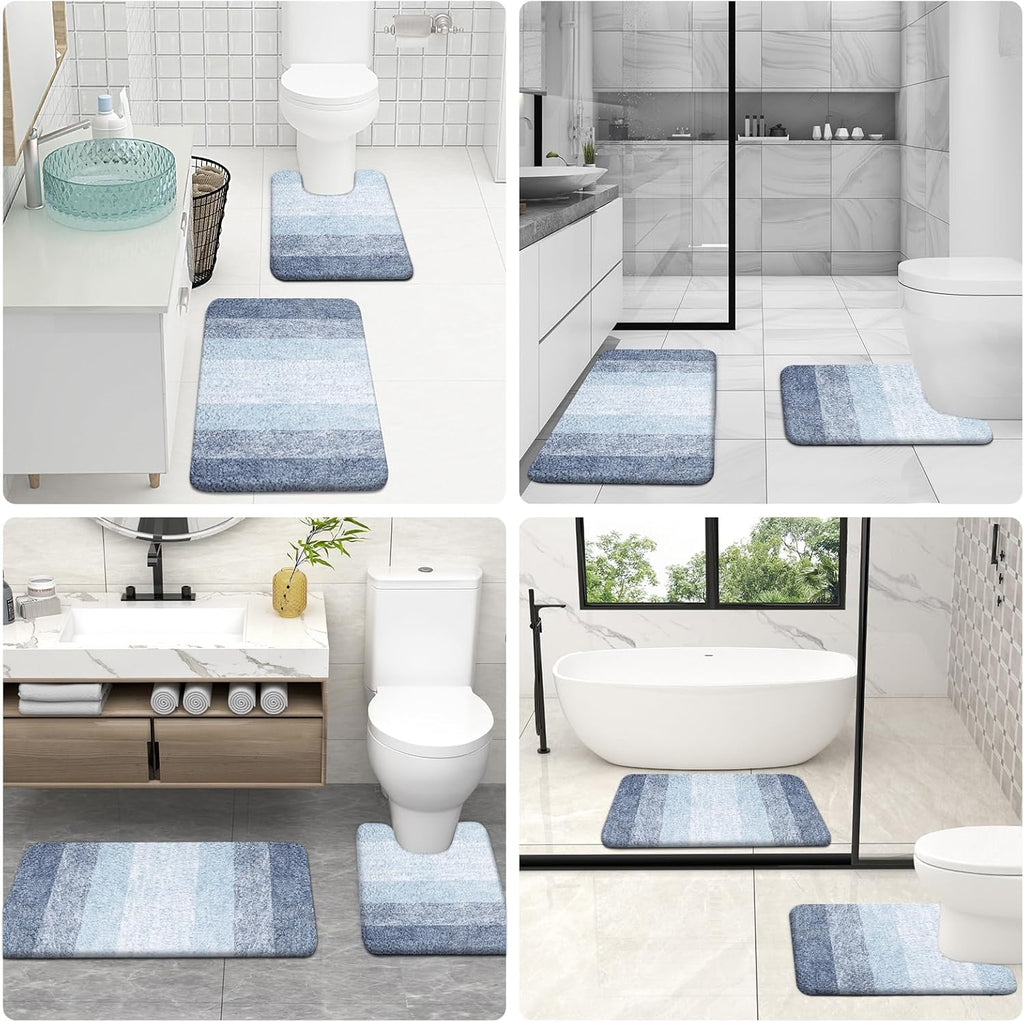 OLANLY Bathroom Rugs Set - Soft Absorbent Microfiber Mats & U-Shaped Contour Rug | 3-Piece Blue Set (30"x20"+24"x16"+24"x20")