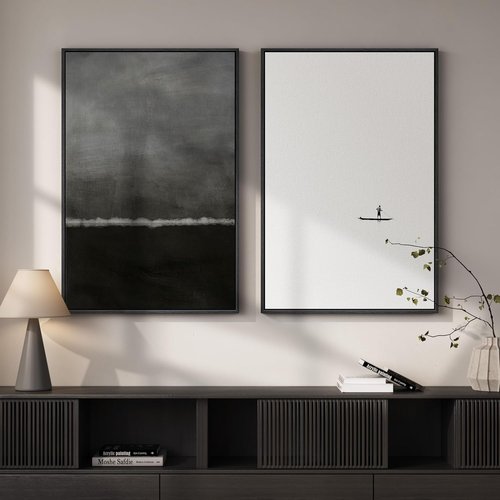 Framed Black and White Abstract Wall Art | Large Set of 2 Minimalist Canvas Prints 24x36 In