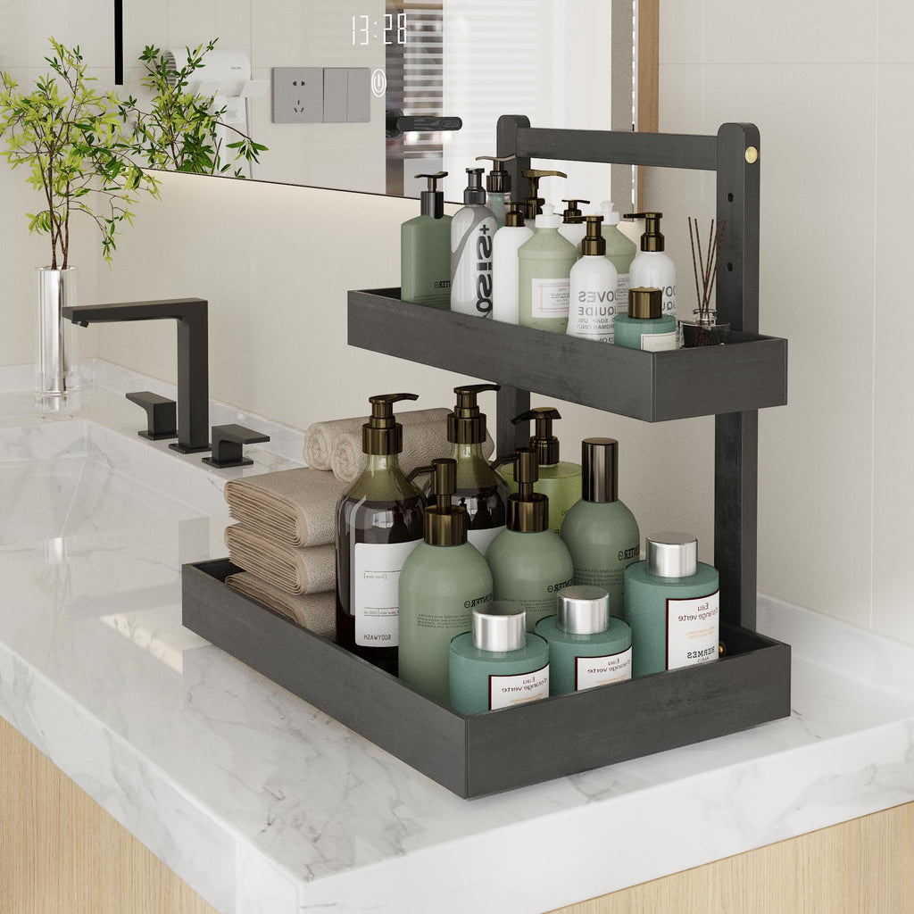 Bamboo Under Sink Organizer and Storage, 2 Tier Pull Out Cabinet Organizer, Slide Out Under Sink Storage Shelf, Undersink Organizers Shelves for Kitchen Bathroom Organization (Black, 2 Packs)