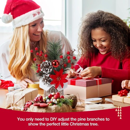 Hatisan Artificial Christmas Tree - Small Tabletop Design with Ornaments & Pine Cones | Red