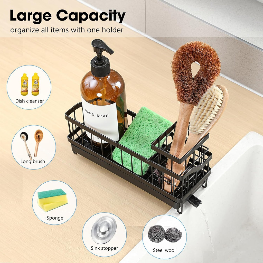 Skiennix Kitchen Sink Caddy - Rustproof High-Carbon Steel Organizer with Brush Holder & Soap Dispenser