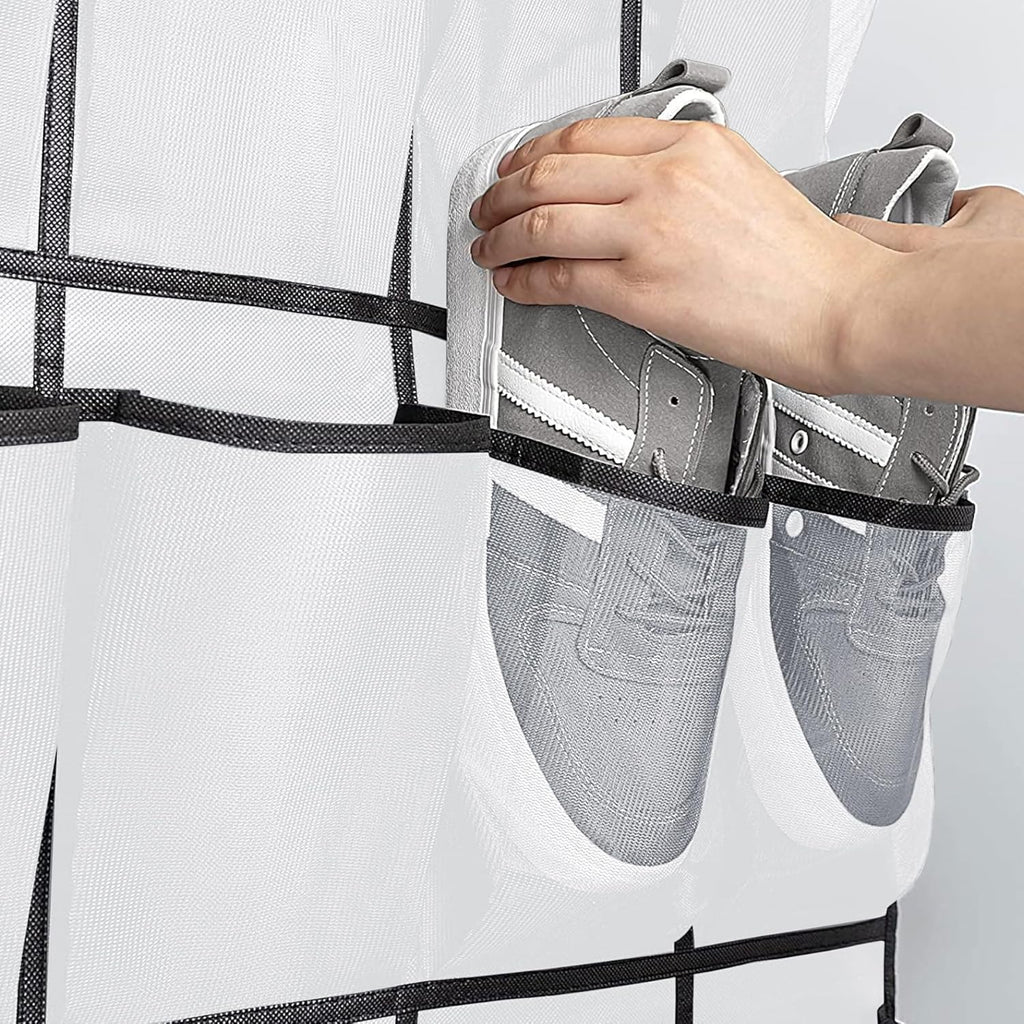 Over The Door Shoe Organizer - 28 Mesh Pockets for Space-Saving Storage | White Hanging Rack