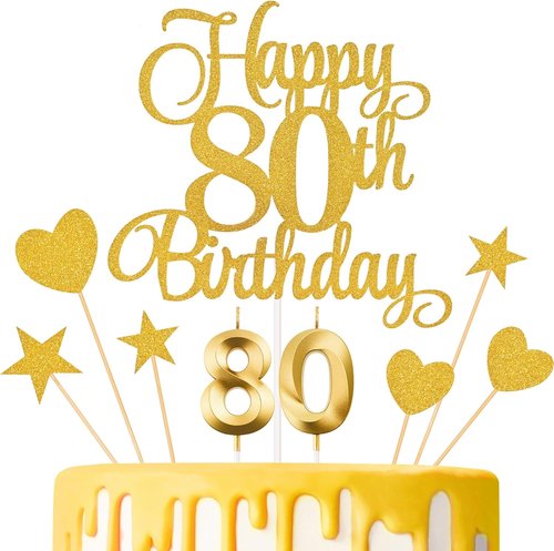 80th Birthday Cake Decorations - Glitter Happy 80th Birthday Toppers & Candles Set | Gold