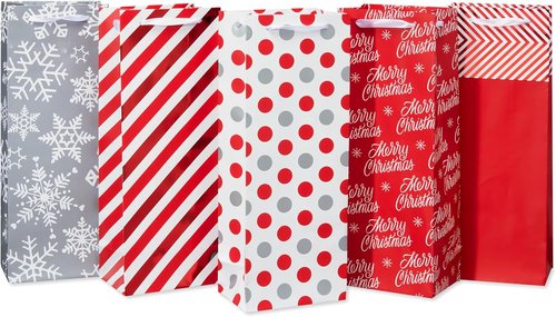 American Greetings Wine Gift Bags - Multi-Design Set in Red, White & Silver (5 Count)